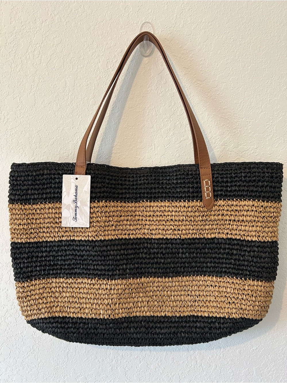Tommy Bahama Black and Natural Stripe Woven Tote with Brown Handles